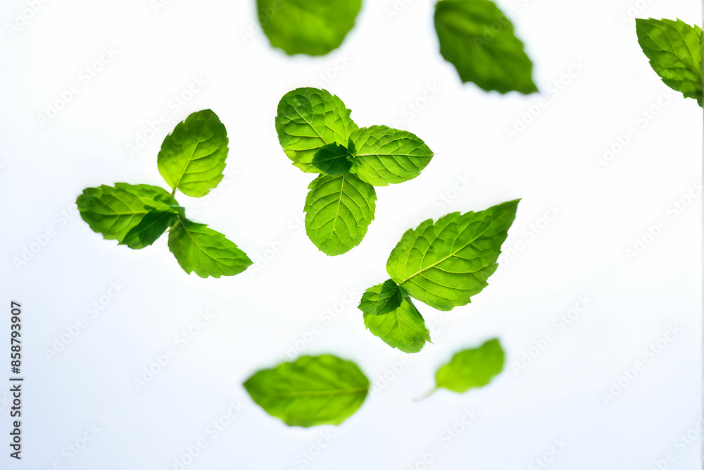 Falling mint leaves, spearmint, isolated on white background, selective focus