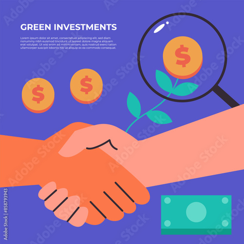 Green investments. Business shake hands concept for investment and finance growth. Plant with coin. Environmental social and corporate governance. Flat vector illustration.