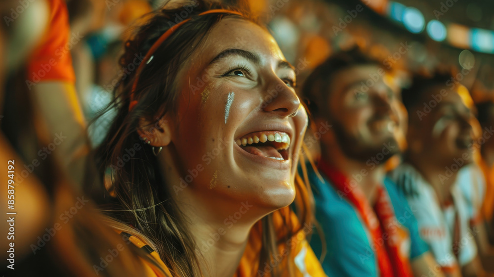 A woman enthusiastically cheers in a stadium during a sports event, surrounded by fellow excited fans.