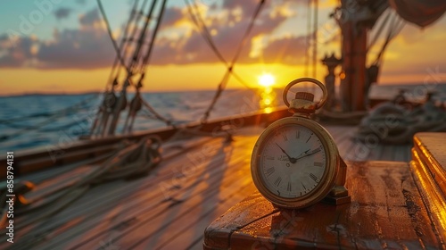 Marine chronometer on a wooden ship's deck during a sunset voyage