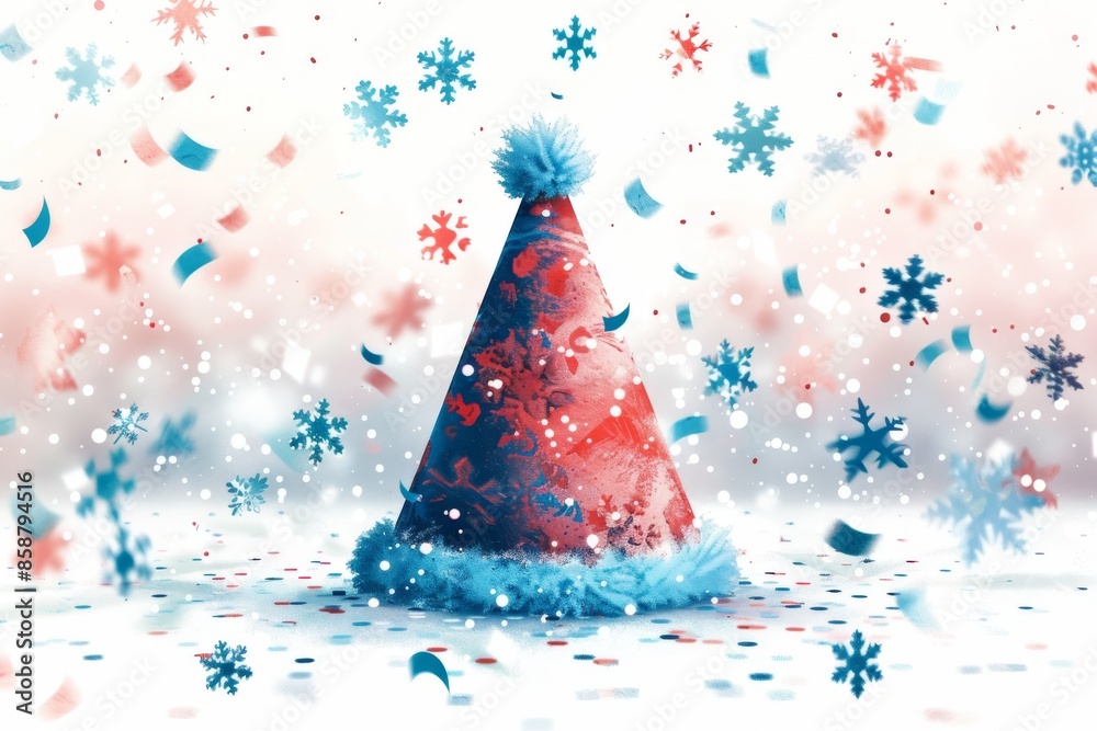 Isolated vector illustration of a festive party hat with confetti, with snowflakes around it on a white background, celebratory and cheerful Isolated vector illustration of a festive party hat with confetti, with snowflakes around it on a white background, celebratory and cheerful