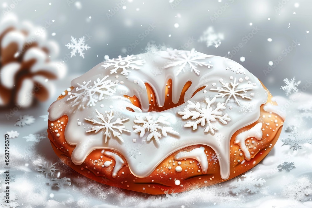 Isolated vector illustration of a holiday cookie with icing, surrounded by snowflakes on a white background, festive and inviting Isolated vector illustration of a holiday cookie with icing, surrounded by snowflakes on a white background, festive and inviting
