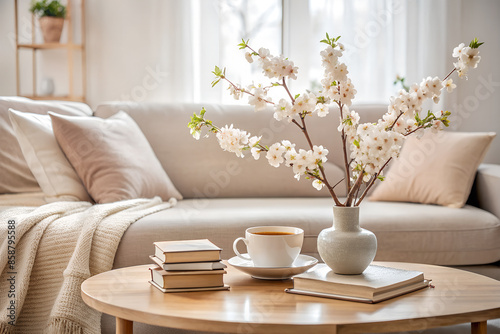 Spring still life. A cup of coffee. Blooming cherry plum branches in a vase