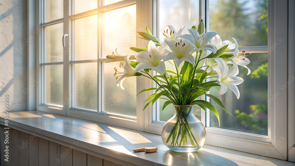 still life with lilies on sunlit window sills, minimalist style still life with lilies on sunlit window sills, minimalist style