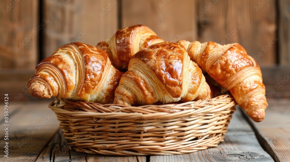 Croissants on rustic wooden background in wicker basket Croissants on rustic wooden background in wicker basket