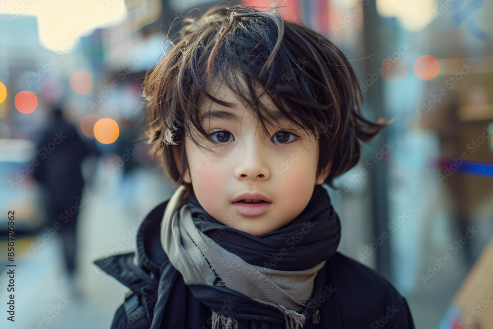 a young boy with a scarf on a city street a young boy with a scarf on a city street