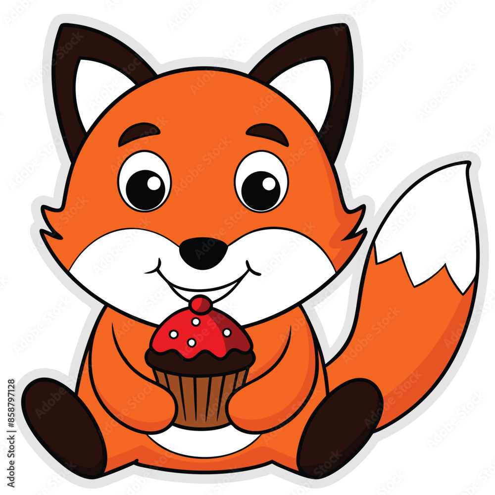 Adorable Cartoon Fox with Cupcake Illustration Adorable Cartoon Fox with Cupcake Illustration
