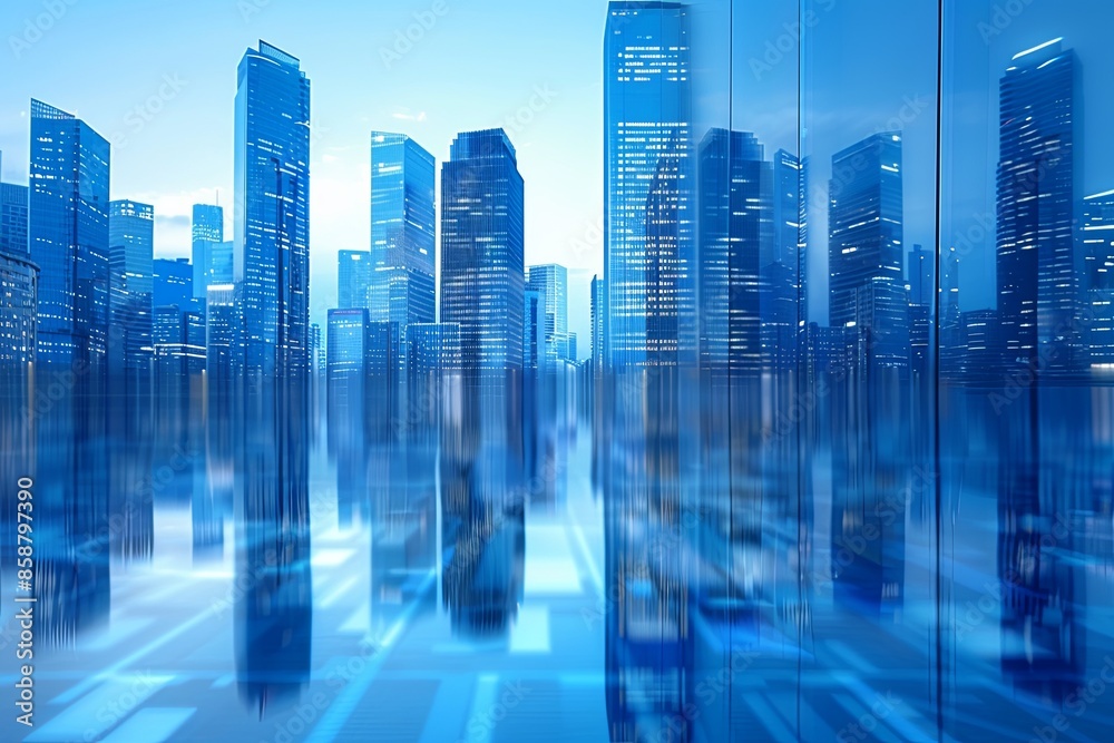 Modern city skyline with skyscrappers and reflection created with Generative AI Modern city skyline with skyscrappers and reflection created with Generative AI