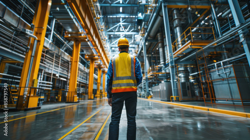 A worker wearing a hard hat and safety vest inspects a modern, expansive industrial facility with state-of-the-art equipment.