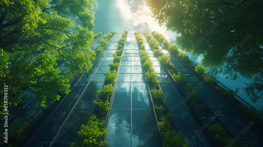 Fototapeta premium Illustrate a sustainable business environment with eco-friendly practices, renewable energy, green architecture, and environmentally conscious office spaces.