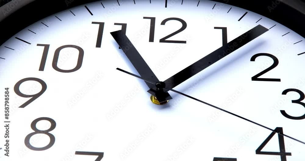 Sun and sky reflecting in the watch during the time passing by. Time lapse on a modern white Clock on black. Close up to a wall clock, with running time pointer. Wall clock show the running time. 