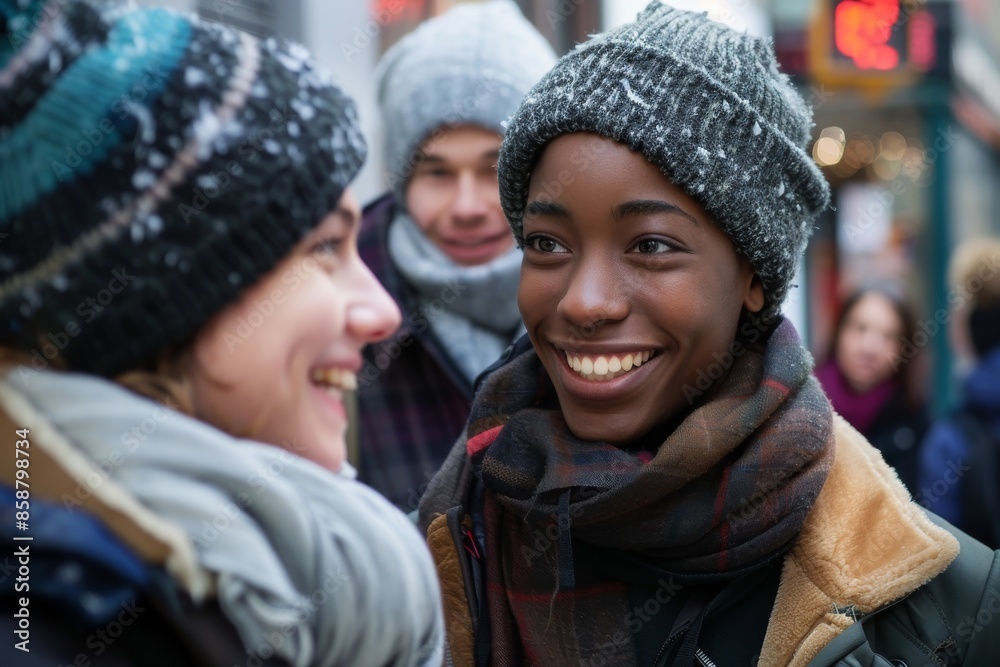 Portrait of happy multiethnic group of friends in winter clothes smiling Portrait of happy multiethnic group of friends in winter clothes smiling