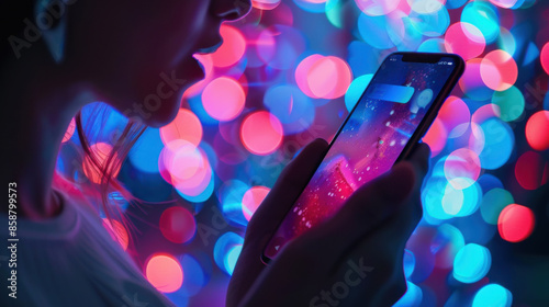 Close-up of a woman using a smartphone, with colorful bokeh lights in the background creating a vibrant atmosphere.