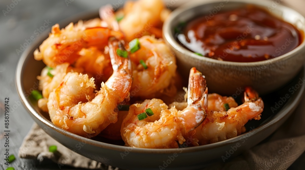 Tempura Shrimp with Appetizing Dipping Sauce on Rustic Plate Tempura Shrimp with Appetizing Dipping Sauce on Rustic Plate