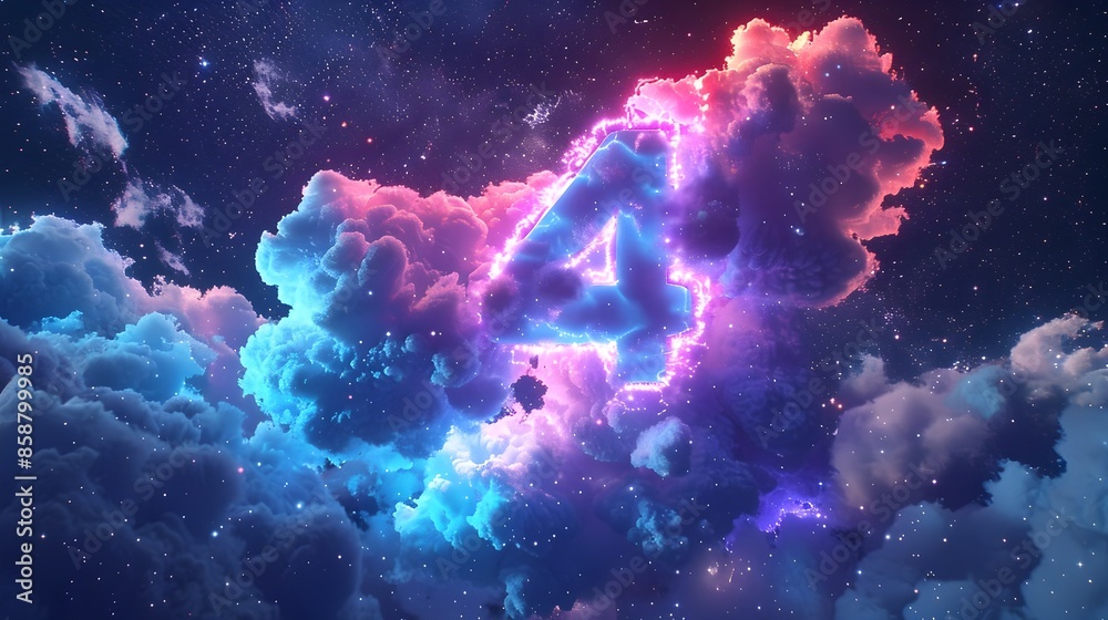Radiant Neon Clouds Forming the Number 4 Against a Starry Cosmic Backdrop Radiant Neon Clouds Forming the Number 4 Against a Starry Cosmic Backdrop