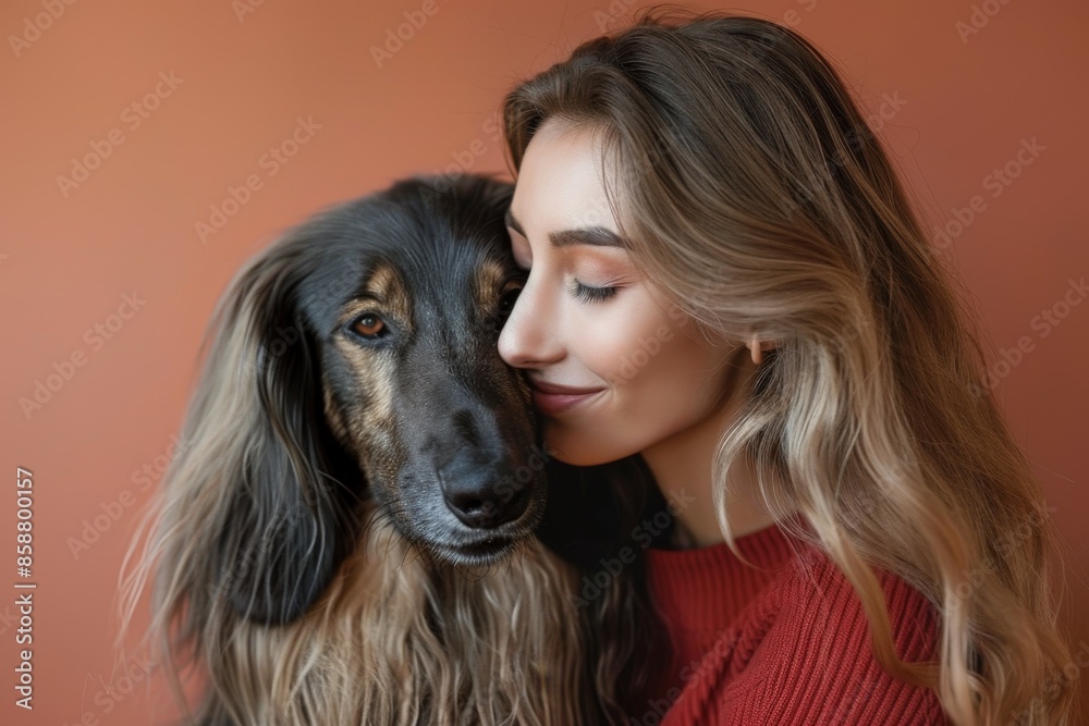 Afghan hound dog playing with stylish young woman Afghan hound dog playing with stylish young woman
