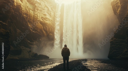 An elated traveler stands at the base of a towering waterfall, their face illuminated by the sunlight filtering through the cascading water, their joy evident as they take in the grandeur of the photo