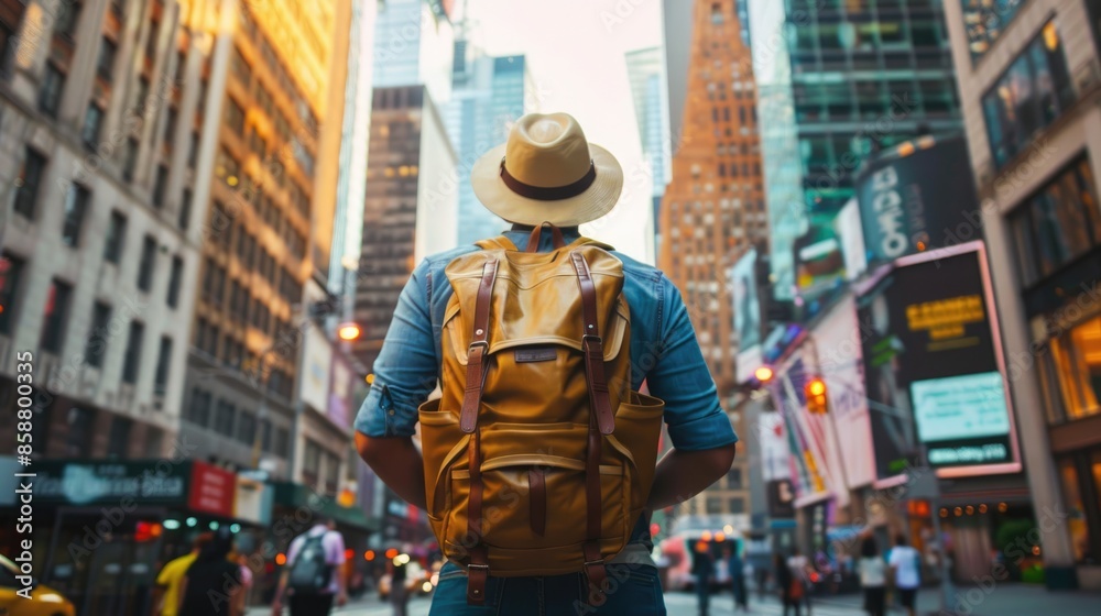 A joyous traveler explores the bustling city with wide-eyed wonder and excitement, captivated by the energy of the urban landscape and radiating a dynamic and ambitious mood, providing ample copy A joyous traveler explores the bustling city with wide-eyed wonder and excitement, captivated by the energy of the urban landscape and radiating a dynamic and ambitious mood, providing ample copy
