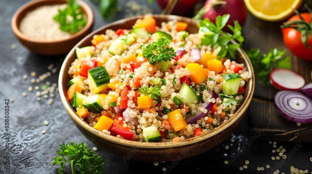 Vibrant Quinoa Salad with Assorted Fresh Vegetables in Wooden Bowl Vibrant Quinoa Salad with Assorted Fresh Vegetables in Wooden Bowl