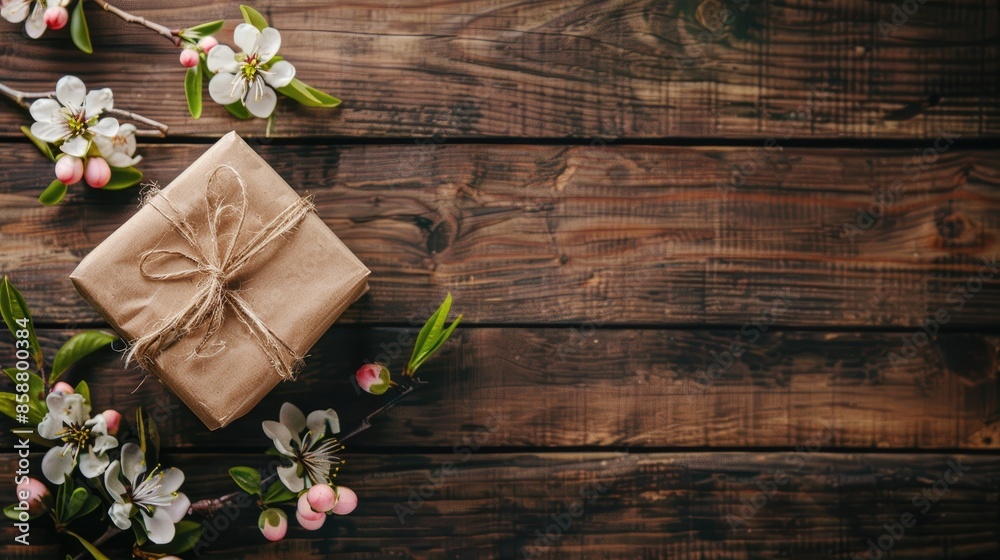 Mother s Day gift with spring blooms on wooden backdrop Mother s Day gift with spring blooms on wooden backdrop
