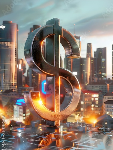 Shiny 3D Rendered Euro Symbol with Futuristic City Skyline Background photo