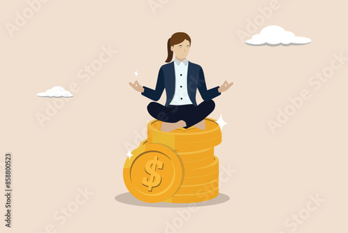 Financial expert, wealth management, money and investment advisor concept, smart businessman meditating and floating on big gold money dollar coin.