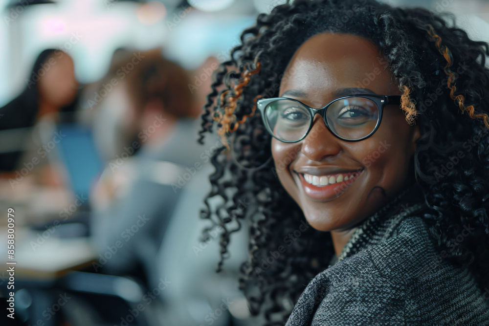 a woman with glasses smiling in a room full of people a woman with glasses smiling in a room full of people