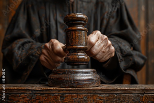 Close-up of a judge's hand holding a wooden gavel during a courtroom session, symbolizing justice and legal authority. photo