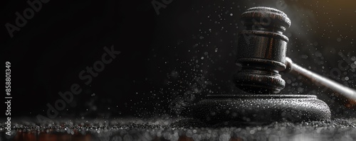 Close-up of a judge's gavel striking down, symbolizing law, justice, and decision-making. Dark background with scattered dust emphasizing the action.