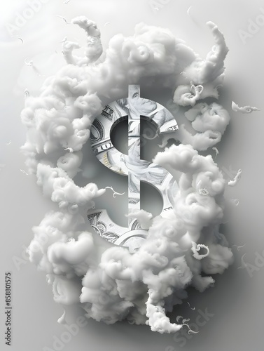 Swirling Dollar Sign Surrounded by Dramatic Clouds in Monochrome Digital Artwork