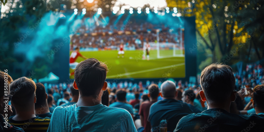A crowd of people watching a live outdoor soccer match on a big screen, enjoying the event together. A crowd of people watching a live outdoor soccer match on a big screen, enjoying the event together.