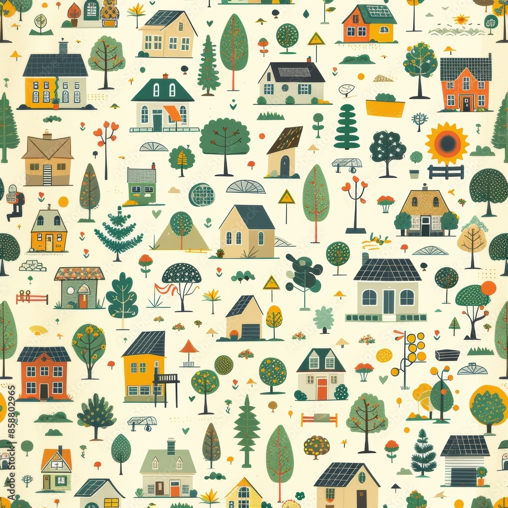 Fototapeta premium A colorful and detailed drawing of a neighborhood with many houses and trees. The houses are of various sizes and styles, and the trees are scattered throughout the scene. Scene is cheerful and lively