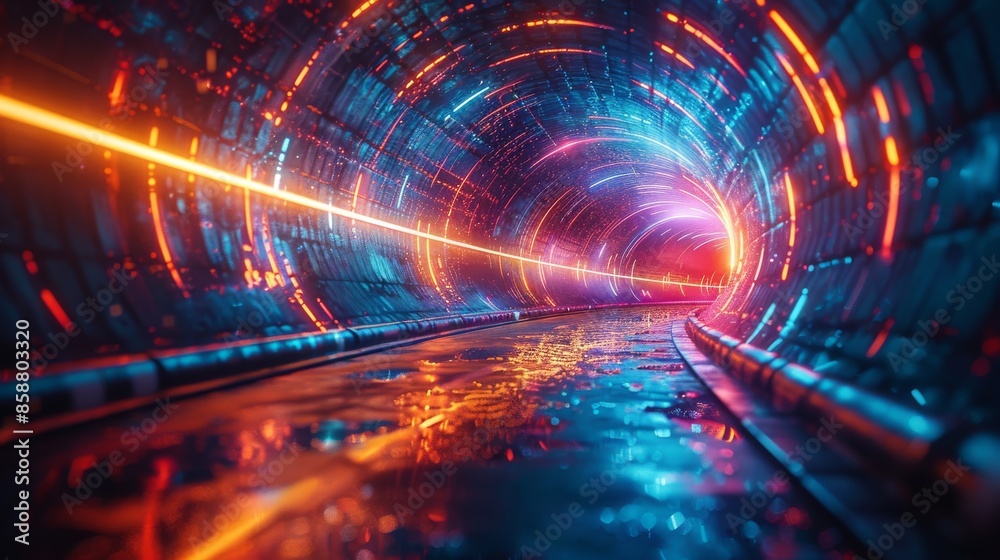Vibrant neon lines streak through tunnel towards bright light, contrasting teal, orange, and purple tones. Vibrant neon lines streak through tunnel towards bright light, contrasting teal, orange, and purple tones.