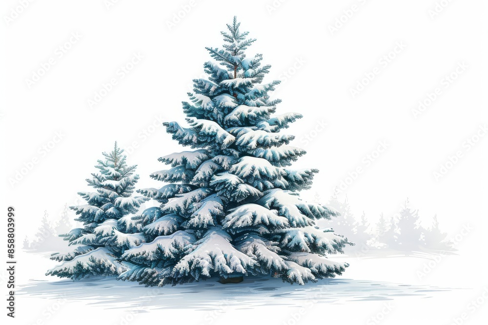 Obraz premium Isolated vector illustration of a pine tree covered in snow on a white background, simple and serene