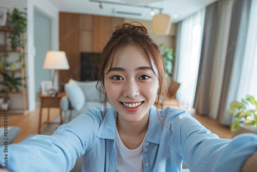 a woman taking a selfie in a living room a woman taking a selfie in a living room