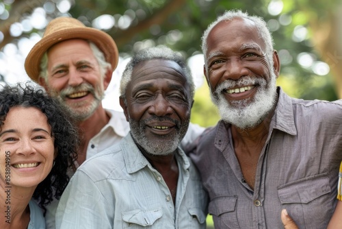Group of diverse senior friends standing together in a park smiling at the camera