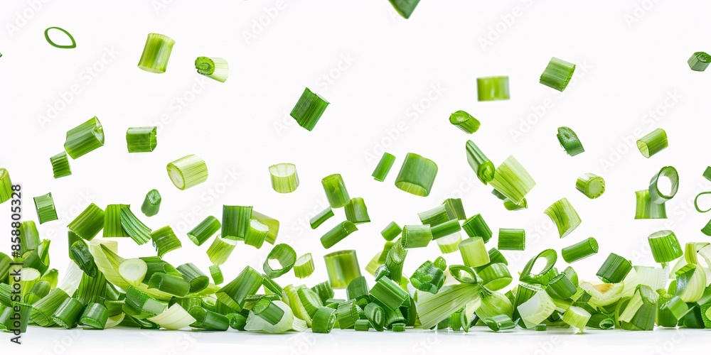 Dropping sliced Scallion isolated on blank backdrop with complete depth.