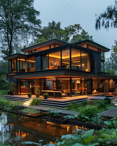 Modern glass house with warm interior lighting surrounded by lush greenery, reflecting in the nearby serene pond during twilight.