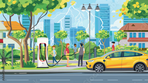 The image shows a yellow car charging at a station. People are walking nearby with buildings and trees in the background.