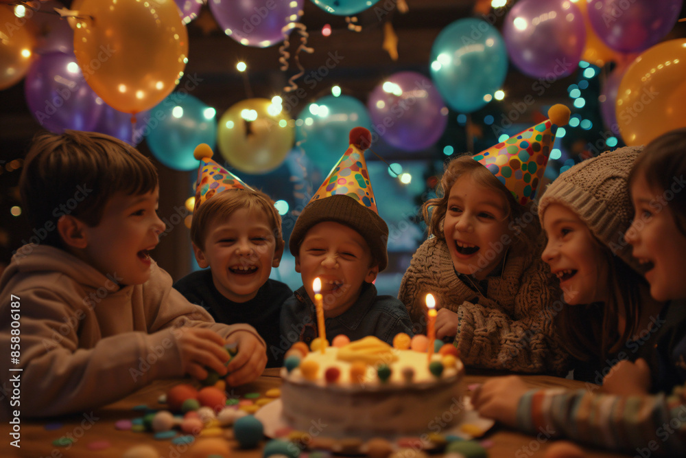 a group of children sitting around a table with a cake a group of children sitting around a table with a cake