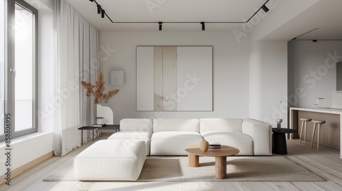 A sleek and minimalist living room design with a white canvas backdrop, Carefully chosen minimalist furniture, Minimalist industrial style © Plumm
