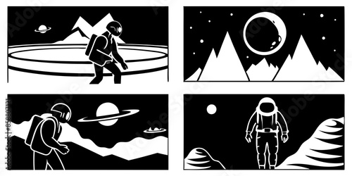Black and white illustrations depict people floating in space, showcasing the vastness and wonder of the cosmic environment.