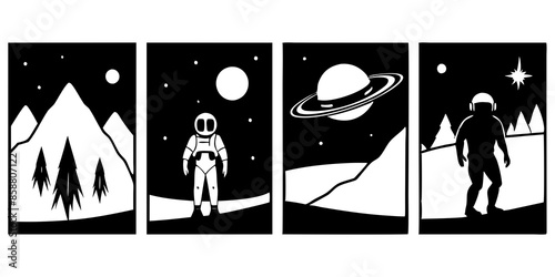 Black and white illustrations depict people floating in space, showcasing the vastness and wonder of the cosmic environment.