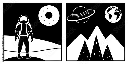 Black and white illustrations depict people floating in space, showcasing the vastness and wonder of the cosmic environment.