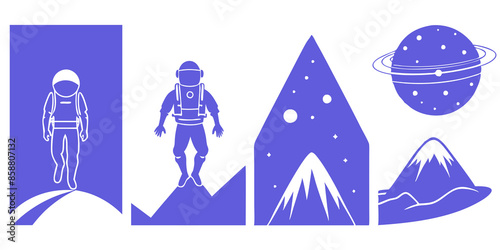 Black and white illustrations depict people floating in space, showcasing the vastness and wonder of the cosmic environment.