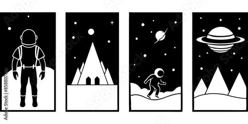 Black and white illustrations depict people floating in space, showcasing the vastness and wonder of the cosmic environment.