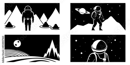 Black and white illustrations depict people floating in space, showcasing the vastness and wonder of the cosmic environment.