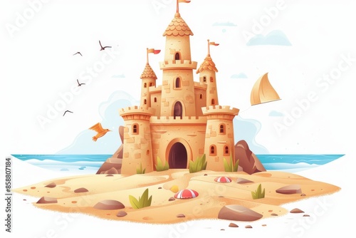 Isolated vector illustration of a sandcastle with a flag on top, playful and summery, on a white isolated background © Uliana