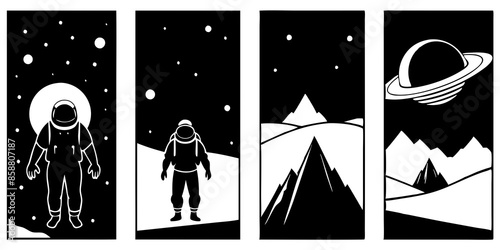 Black and white illustrations depict people floating in space, showcasing the vastness and wonder of the cosmic environment.