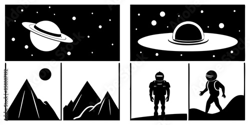 Black and white illustrations depict people floating in space, showcasing the vastness and wonder of the cosmic environment.